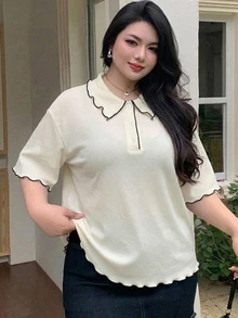 Dazy Plus 超寬鬆黑白條紋短袖夏季T恤 - 米色 - 查看 3