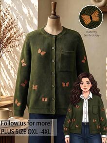 Rusticease Plus Size Army Green Ribbed Button Front Embroidered Round Neck Long Sleeve Cardigan Cozy Elegant Fall Winter 2026 - Army Green - View 1
