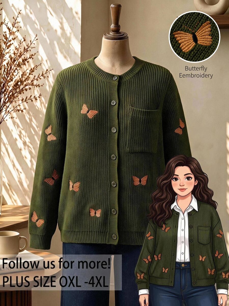 Rusticease Plus Size Army Green Ribbed Button Front Embroidered Round Neck Long Sleeve Cardigan Cozy Elegant Fall Winter 2026 - Army Green - View 1