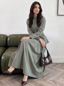 Solavon 女款純色長袖單排扣上衣與裙子阿拉伯風服裝套裝 - 綠色 - 查看 6