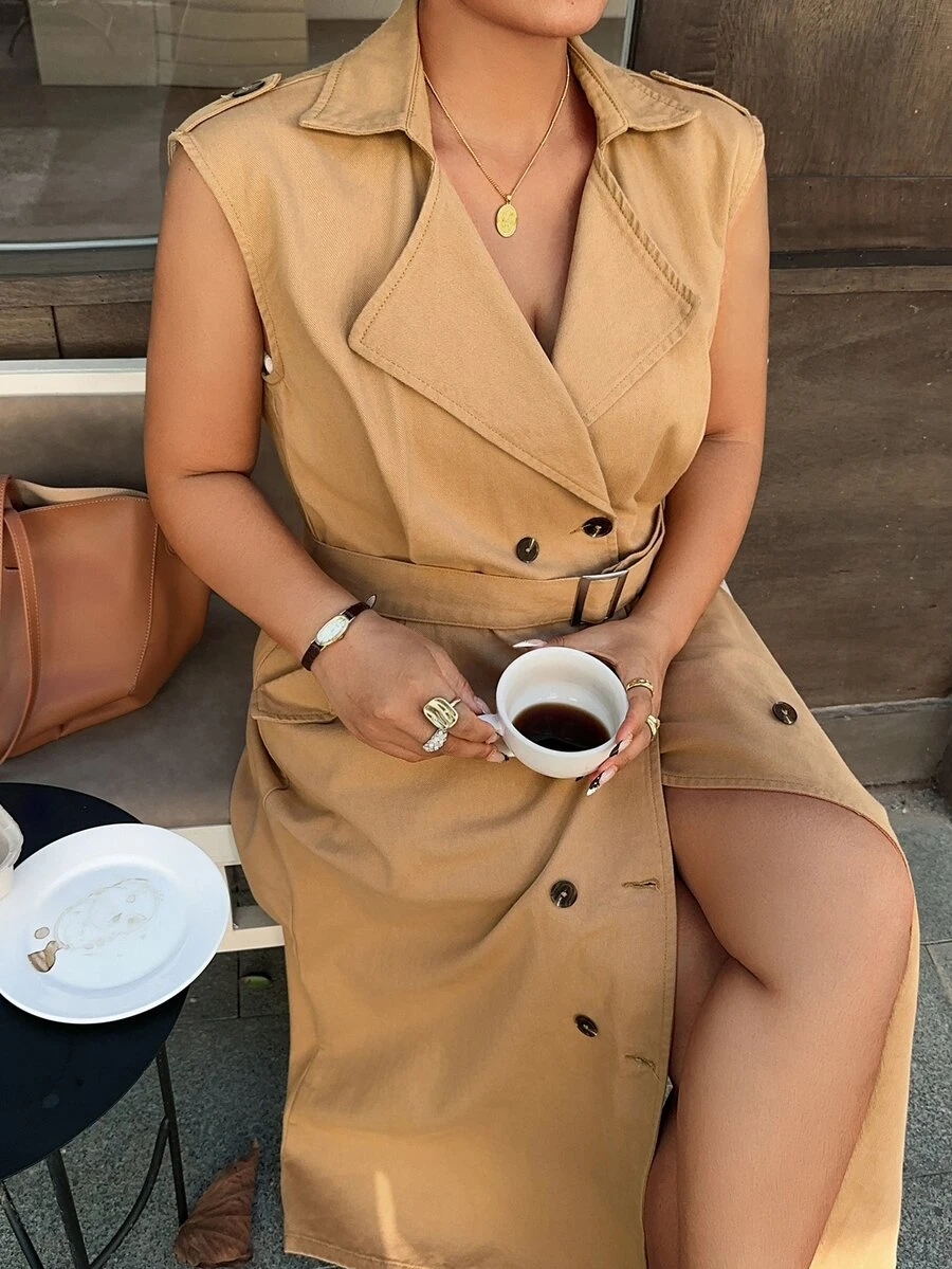 Dazy Plus Vacation Holiday Outfit Sleeveless Double-Breasted Waist-Cinching Tie-Front Khaki Denim Dress - Khaki - View 1