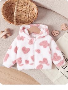 SHEIN 新生女嬰秋冬可愛百搭愛心毛絨連帽外套 - 粉色 - 查看 5