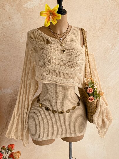 Soleia Women's Knit Cover Up + Asymmetric Shoulder Dress, Sexy And Avant-Garde, Suitable For Vacation Wear, Asymmetrical Distressed Design, Full Of Y2K Country Concert Vibes, Formal Occasions, Sports Vacation, Casual Elegant, Suitable For Summer, Winter, Holidays, Independence Day And Various Occasions.