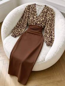 INAWLY Women's Leopard Print Colorblock V-Neck Casual Party Dress - Multicolor - View 3
