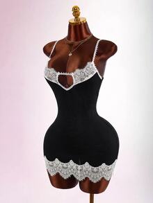 Amplova Women's Lace Patchwork Knit Dress, Backless Sexy Style, Suitable For Boudoir Wear, Sexy - Black - View 4