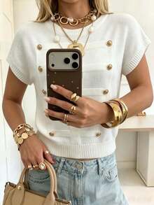 Modelyn Elegant Elegant Metal Button Design Solid Color Round Neck Pullover Fashion Versatile Minimalist Loose Drop Shoulder Short Sweater - White - View 5