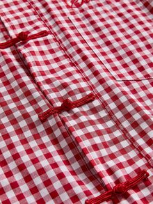 SWAVVY Men's Embroidered Plaid Patchwork Long Sleeve Fashion Shirt - Red - View 5