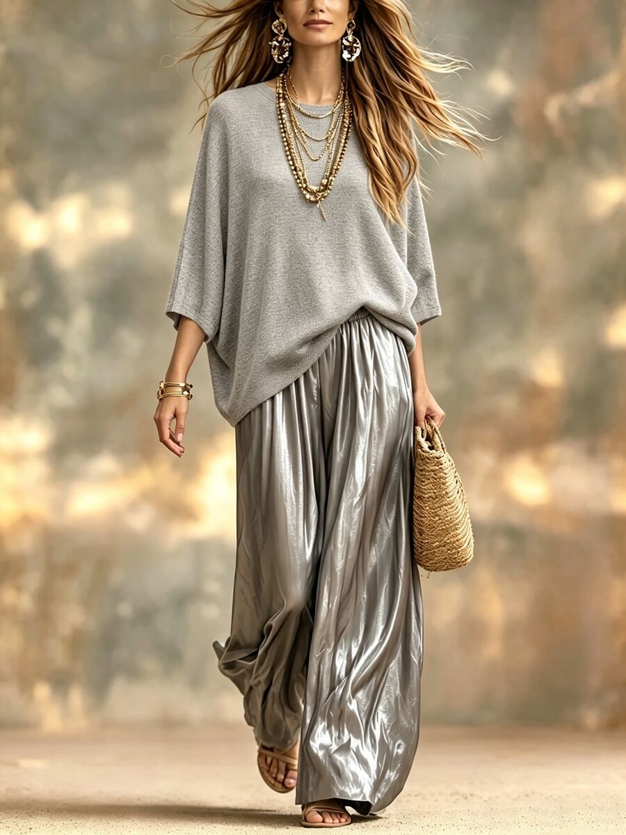 SHEIN Holidaya Women's Elegant 2 Pieces Set Batwing Sleeve Knit Top And Pants - Grey - View 1