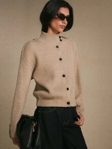 Poéselle Cardigan Rajut Bergaris Lembut Warna Cokelat Muda untuk Wanita, Kerah Tegak Nyaman, Kancing Depan Asimetris, Jaket Sweater Musim Gugur Lengan Panjang dengan Bahu Longgar, Cocok untuk Mendaki Sehari-hari - Khaki - View 9