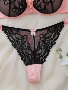 DelicateAllure 2pcs Pink Underwire Molded Cup High Support Lace Patchwork Sheer Romantic Elegant Plus Size Lingerie Set - Pink - View 5