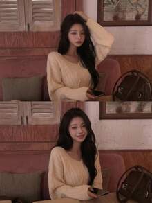 DAZY Women's Solid Color Loose Short V-Neck Long Sleeve Pullover Cable Knit Casual Vacation Spring Autumn Sweater - Apricot - View 2