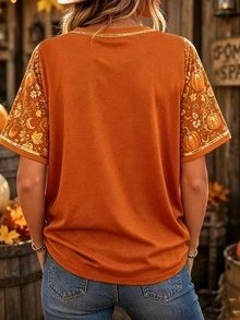 Selamara Pumpkin Print Crew Neck Short Sleeve T-Shirt, Casual Halloween Pattern Top - Multicolor - View 2