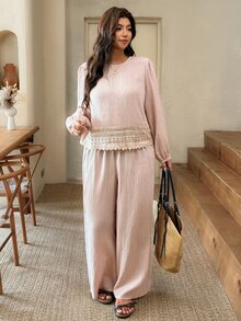 Lounesse Plus Size Women Lace Patchwork Vacation Brunch Travel Formal Casual Top Pants Boho 2 Pieces Set Fall Elegant Dusty Pink - Khaki - View 7
