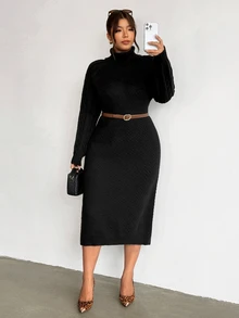 Firerie Vintage Chunky Cable Knit High Neck Plus Size Loose Slimming Long Sleeve Maxi Sweater Dress - Black - View 8