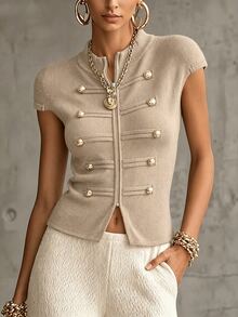 SHEIN New Spring Fall Napoleonic Military Double Breasted Knit Vest Women Stand Collar Full Zip Cap Sleeve S - Khaki - View 1