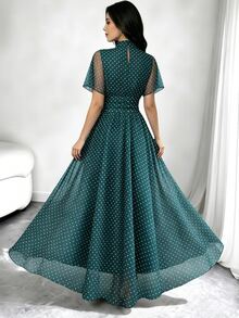 Modelyn Women's Fashionable Blue Polka Dot Pattern Semi-High Neck Ruffle Short Sleeve French Style Long Dress, Waist Pleated Design Slimming And Flattering, Coffee Color Mesh Dress, Suitable For Daily Wear And Vacation Outfits In Spring And Summer - Multicolor - View 2