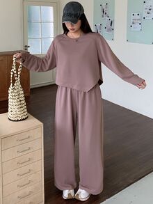 Dazy Plus Solid Color Asymmetric Sweatshirt And Wide Leg Pants, Soft Purple Casual 2 Pieces Set - Pink - View 3