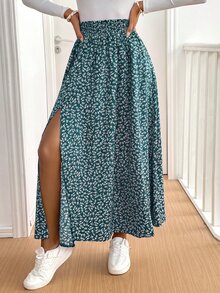 SHEIN Frenchy 女款碎花荷葉邊開衩中長裙 - 綠色 - 查看 6