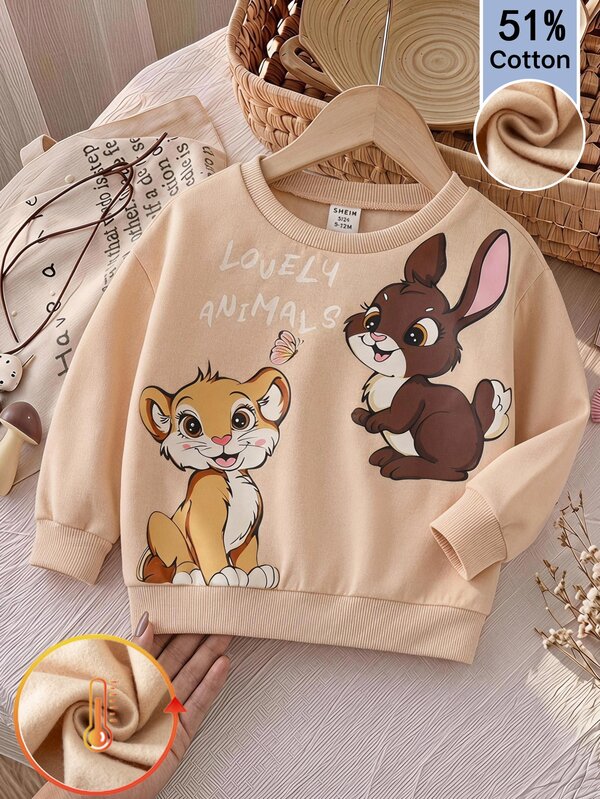 SHEIN Sweatshirt Pullover Lengan Panjang Leher Bulat Motif Kartun Singa dan Kelinci Lucu untuk Anak Perempuan, Nyaman, Serbaguna, Modis, Kasual Sehari-hari, Gaya Minimalis Dasar, Musim Gugur/Dingin, Cocok untuk Dalam Ruangan, Rekreasi Luar Ruangan, Ski, Kembali ke Sekolah, Sehari-hari, Olahraga, Bermain, Pesta