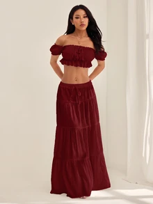 SHEIN PETITE 女款荷葉邊飾前綁帶露肩短版上衣與休閒裙套裝 - 酒紅色 - 查看 6