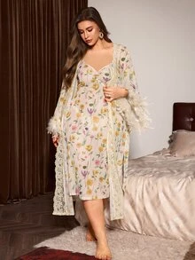 Slumberist Plus Size Women's Floral Robe 2-Piece Set, Feather Cuff Lace Trim Outer Robe + V-Neck Spaghetti Strap Nightgown, Tie Waist Long Loungewear Pajama Set - Apricot - View 3