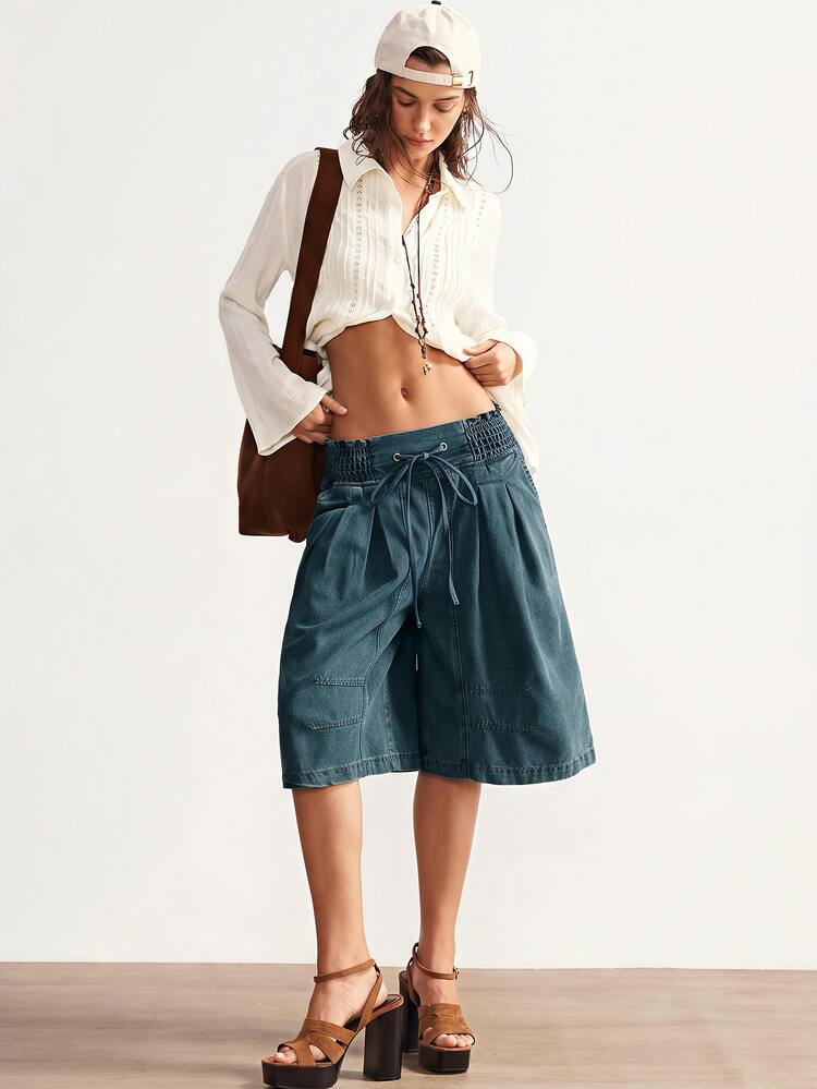 Bohemela Women's Drawstring Waist Pocket Loose Wide Leg Shorts - Medium Wash - View 4
