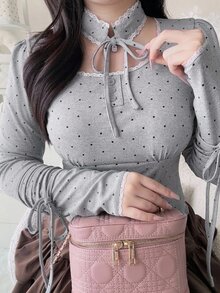 Dazy Plus Korean Style Fitted Polka Dot Pure Desire Halter Neck Tie Long Sleeve Sexy Top T-Shirt Fall - Grey - View 6