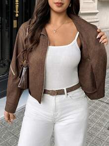 Vionelle Plus Size Women's French Casual Elegant Long Sleeve Jacket - Mocha Brown - View 8