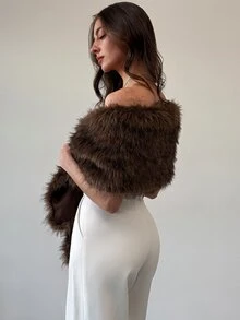 Aloruh 女款優雅 Wild Wild Wife 復古露肩人造毛披肩夾克，深棕色，秋冬婚禮正式場合新娘母親穿著 - 咖啡棕 - 查看 2