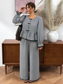 SHEIN Frenchy Plus Size Women's Plaid Pleated Long Sleeve Top And Pants Casual Daily 2 Pieces Set Elegant Daily Office Business Work Sets For Women Fall/Winter - Black and White - View 5