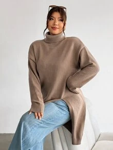 Firerie Plus Size Women Solid Color High Neck Dropped Shoulder Long Sleeve Split Hem Knit Dress - Khaki - View 3