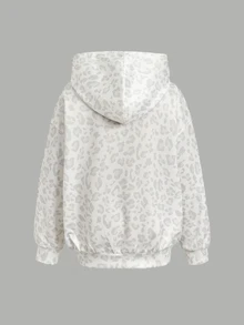 SHEIN 青少年女孩復古白色淺豹紋針織拉鍊運動衫，適合日常穿著 - 淺灰色 - 查看 3