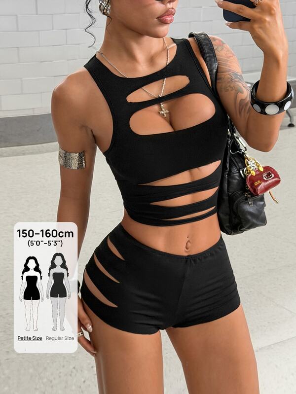 SHEIN PETITE Summer Fashion Sexy Cut-Out Hollow Asymmetrical Tank Top, Tight Low Waist Shorts Set For Petite Women