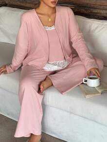Dazy Plus 3-Piece Set Long Sleeve Cardigan, Lace Patchwork Camisole, Loose Straight Leg Long Pajama Pants Sleepwear Set Fall - Pink - View 3
