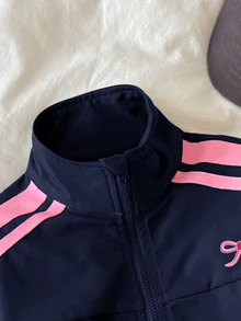 SHEIN 女童小女孩拼色條紋拉鍊外套配蝴蝶結、鬆緊腰長褲，復古套裝，日常穿著校園開學裝 - 藍色 - 查看 3
