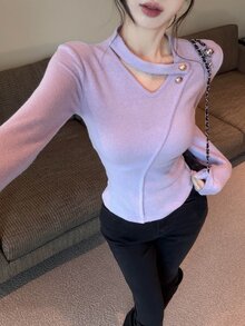 Joudiya Women's Elegant Solid Color Long Sleeve T-Shirt, Autumn - Purple - View 4