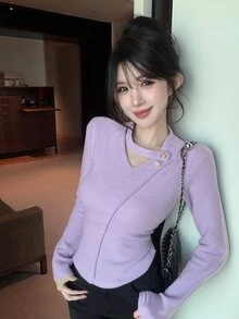 Joudiya Women's Elegant Solid Color Long Sleeve T-Shirt, Autumn - Purple - View 2