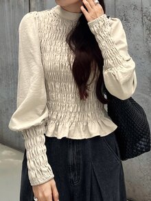 FRIFUL Women's Solid Color Pleated Casual Versatile Daily Long Sleeve T-Shirt Fall - Apricot - View 8