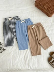 SHEIN 3件組中性嬰兒服飾 男嬰休閒可愛百搭條紋蝴蝶結裝飾鬆緊腰長褲套裝 多件裝 - 彩色 - 查看 4