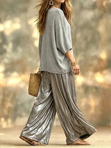SHEIN Holidaya Women's Elegant 2 Pieces Set Batwing Sleeve Knit Top And Pants - Grey - View 2