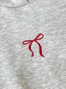 青少年女孩灰色蝴蝶結刺繡休閒學院風連帽衛衣，內裡設計，附口袋，返校季 - 灰色 - 查看 3