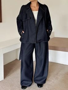 Dazy Plus Loose Tie-Up Lapel Long Sleeve Denim Top And Pants Casual Spring Summer Autumn New Denim Two Pieces Set - Dark Wash - View 3