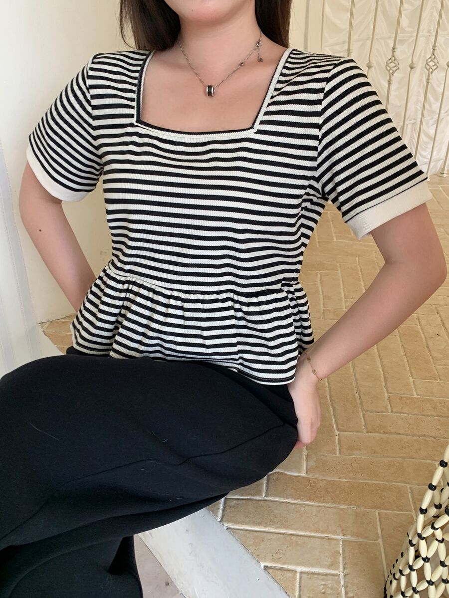 Dazy Plus Square Neck Casual Korean Style Striped Fitted Short Sleeve T-Shirt For Spring Summer Autumn - Black and White - View 1