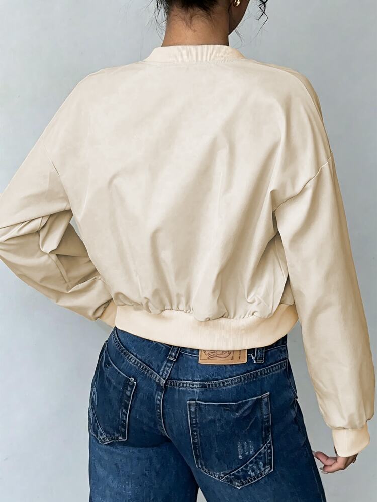 SHEIN LUNE Women's Solid Color Long Sleeve Zip-Up Baseball Jacket - Light Grey - View 2