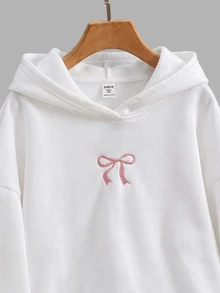 SHEIN 青少年女孩蝴蝶結刺繡口袋連帽時尚運動衫 - 白色 - 查看 3