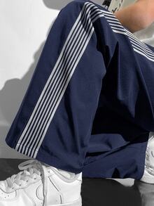 Tween Boy Casual College Style Comfortable Fashionable Minimalist Practical Versatile Cute Soft Fleece Fabric Thick Warm Suitable For Daily Wear School Outings Sports Autumn/Winter Season Webbing Decor Contrast Color Long Pants - Navy Blue - View 5