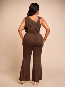 Brilight Asymmetric Neck Ruched Jumpsuit, Bodycon Flare Long Pants Outfit For Cocktail Party & Vacatio - Chocolate Brown - View 2