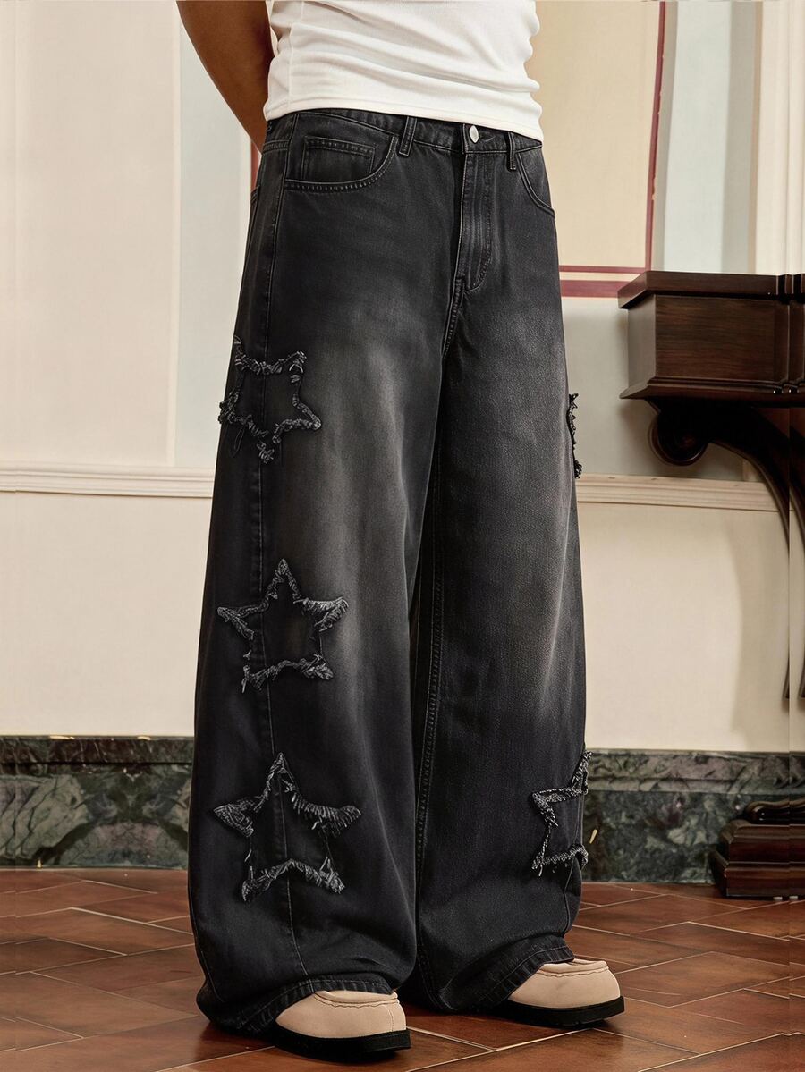 SWAVVY Men's Five-Point Star Frayed Patchwork Wide Leg Jeans - Black - View 1