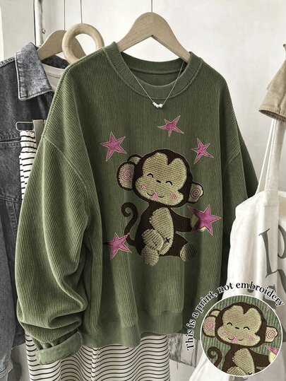 Resyla Monkey Print Fashionable Minimalist Women's Autumn/Winter Regular Crew Neck Corduroy Long Sleeve Sweatshirt, Gift For Friends