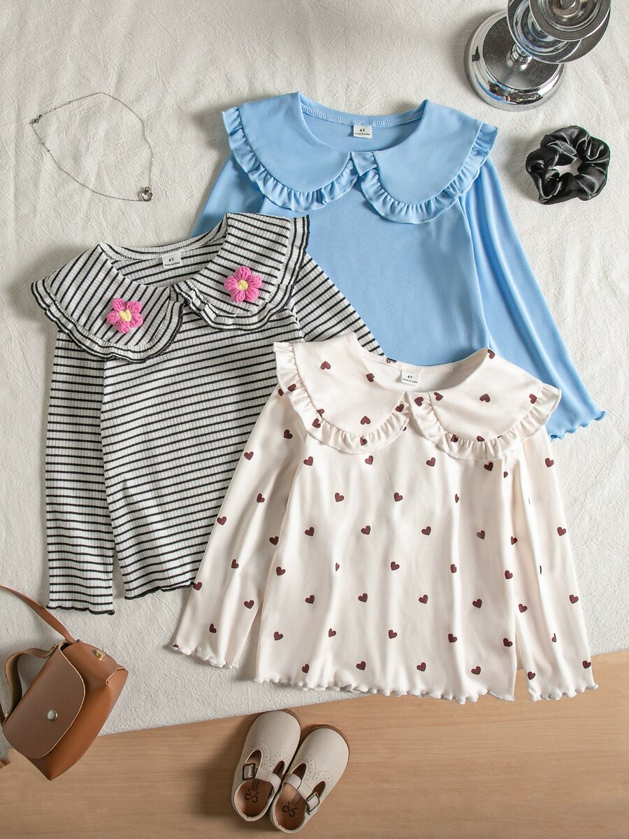 SHEIN Elladie kids 女童休閒舒適保暖百搭愛心印花條紋彼得潘領 3D鉤編花朵裝飾 3件組T恤套裝 秋冬款 - 彩色 - 查看 1